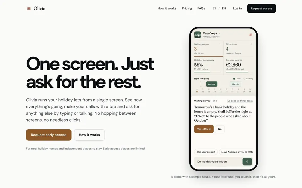 The Olivia homepage on a laptop: the headline One screen. Just ask for the rest. beside a phone running the demo